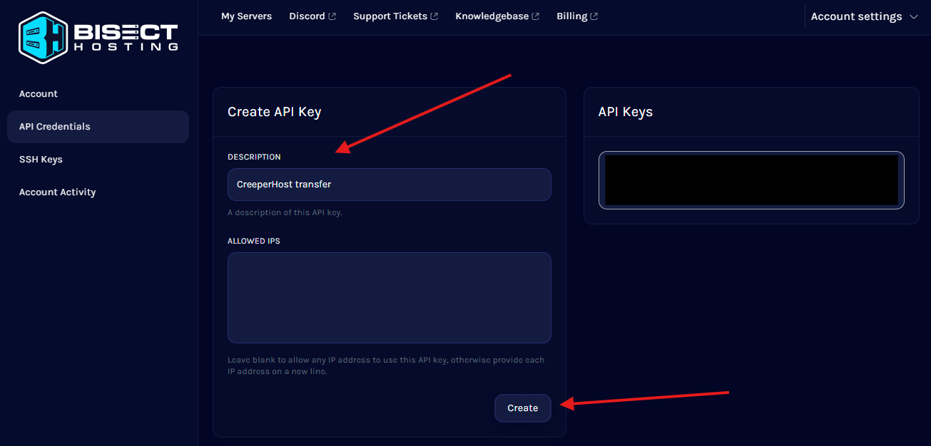 Bisect Pterodactyl API Credentials page