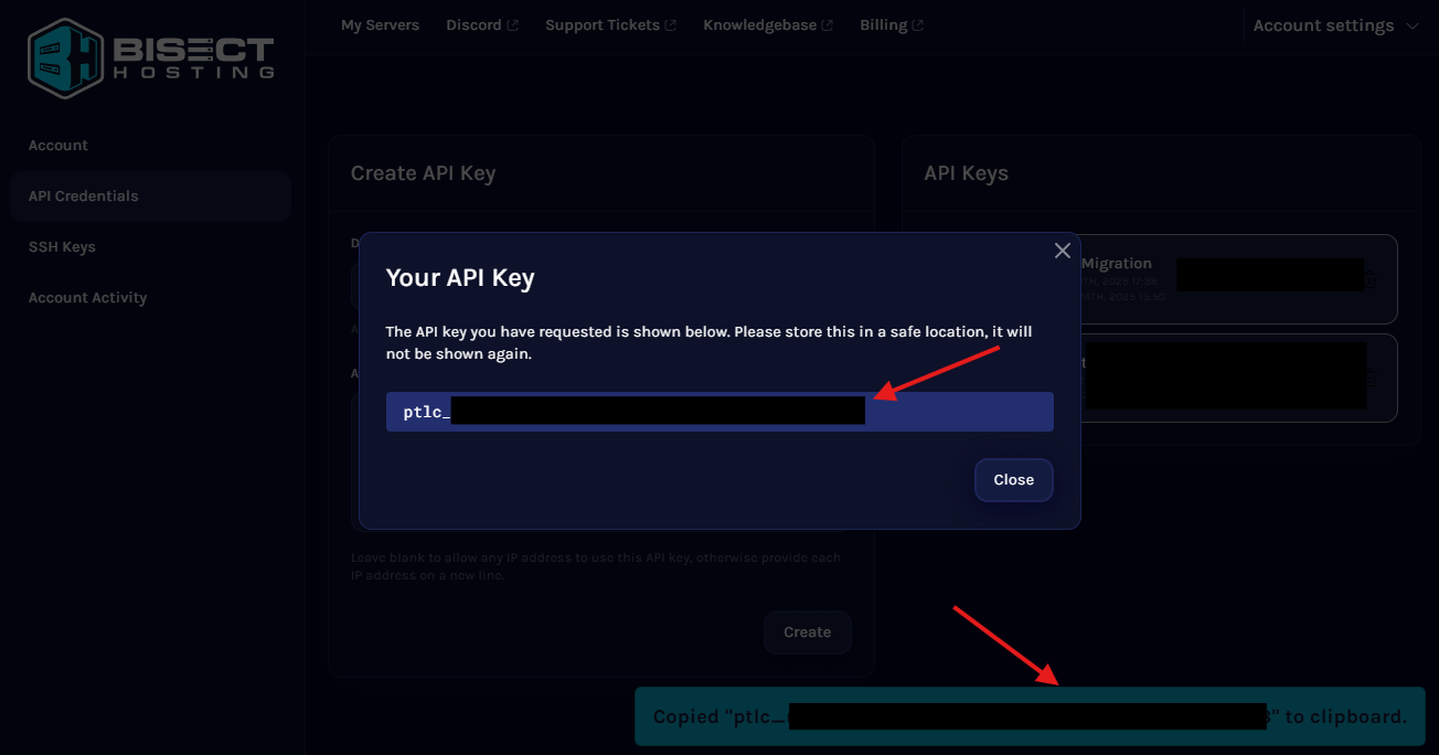 Bisect Pterodactyl API Credentials page