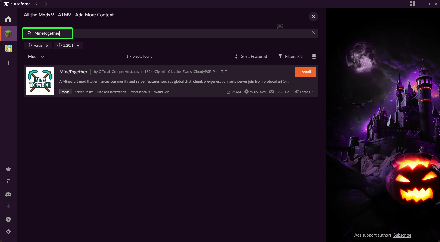 CurseForge app mod search screen