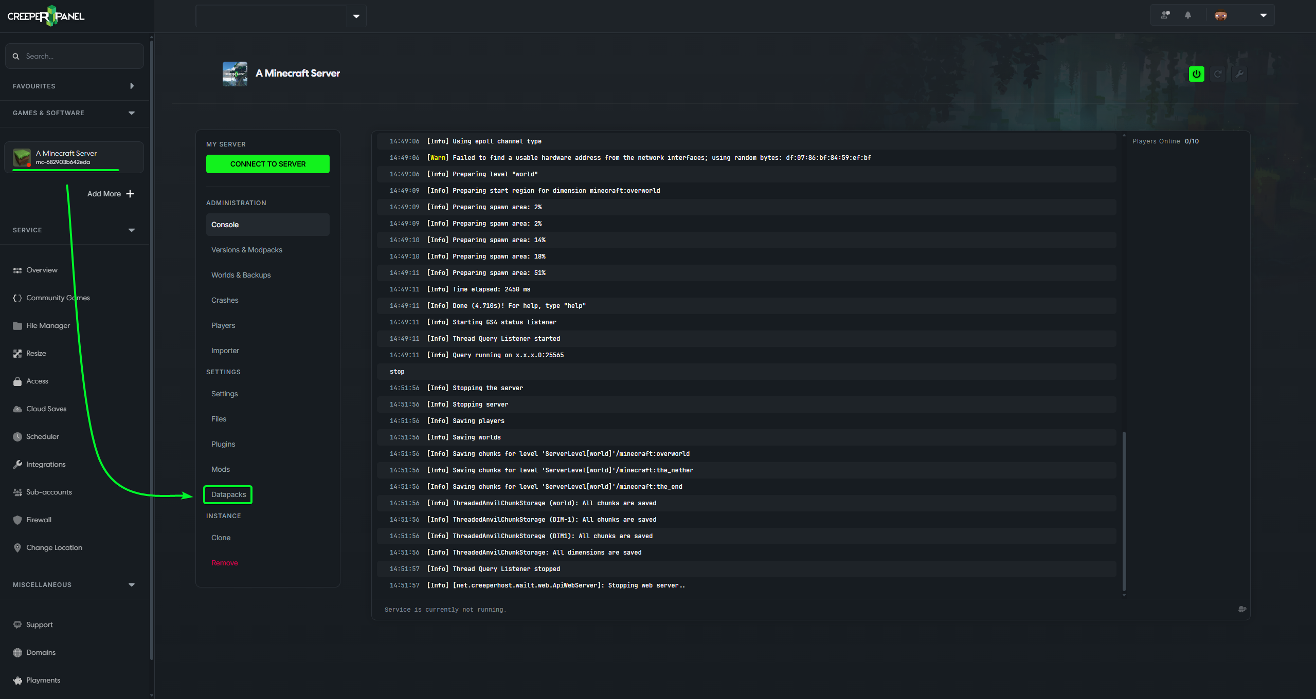 Datapacks option in the left sidebar menu