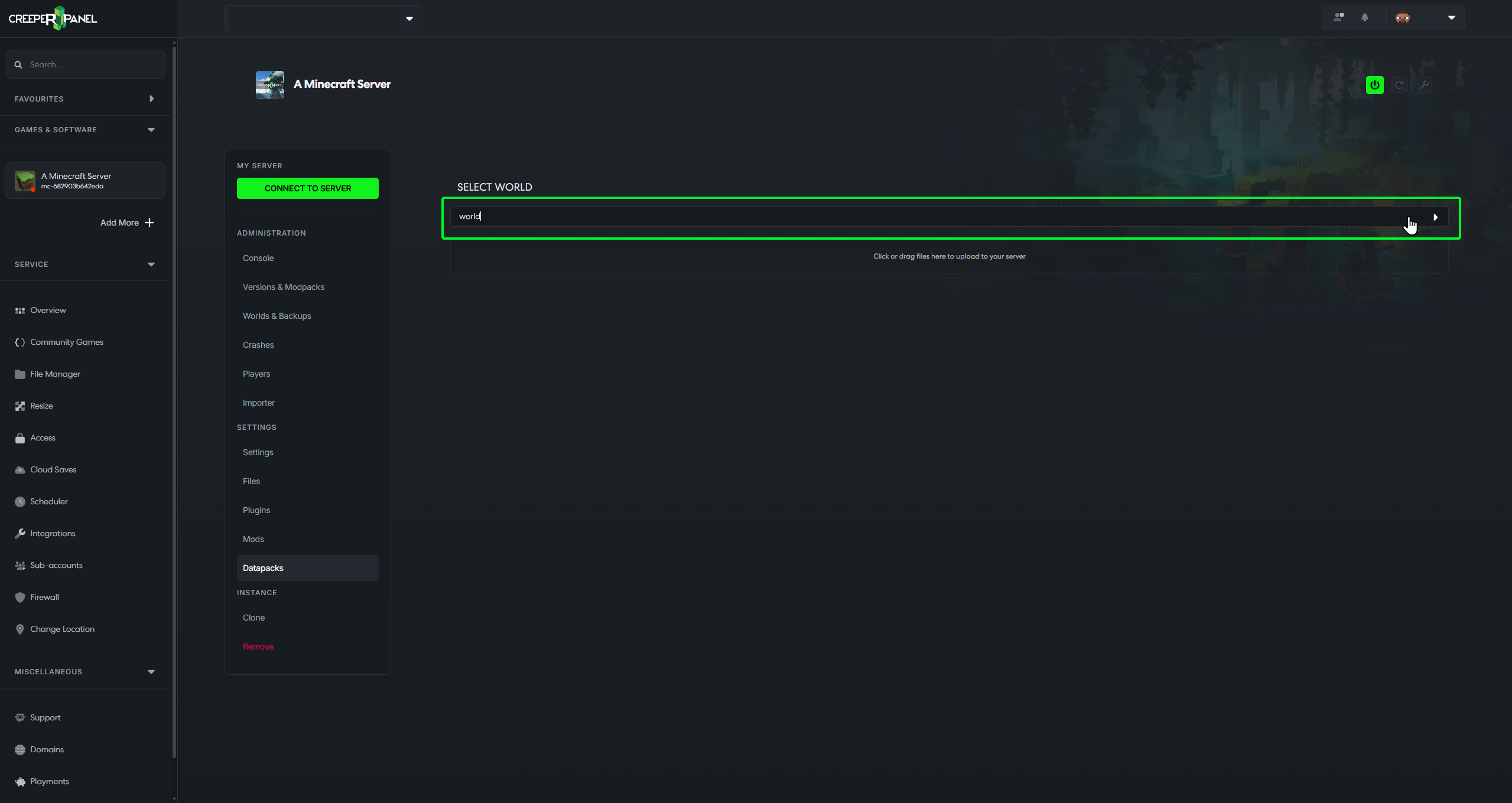 Select World dropdown menu