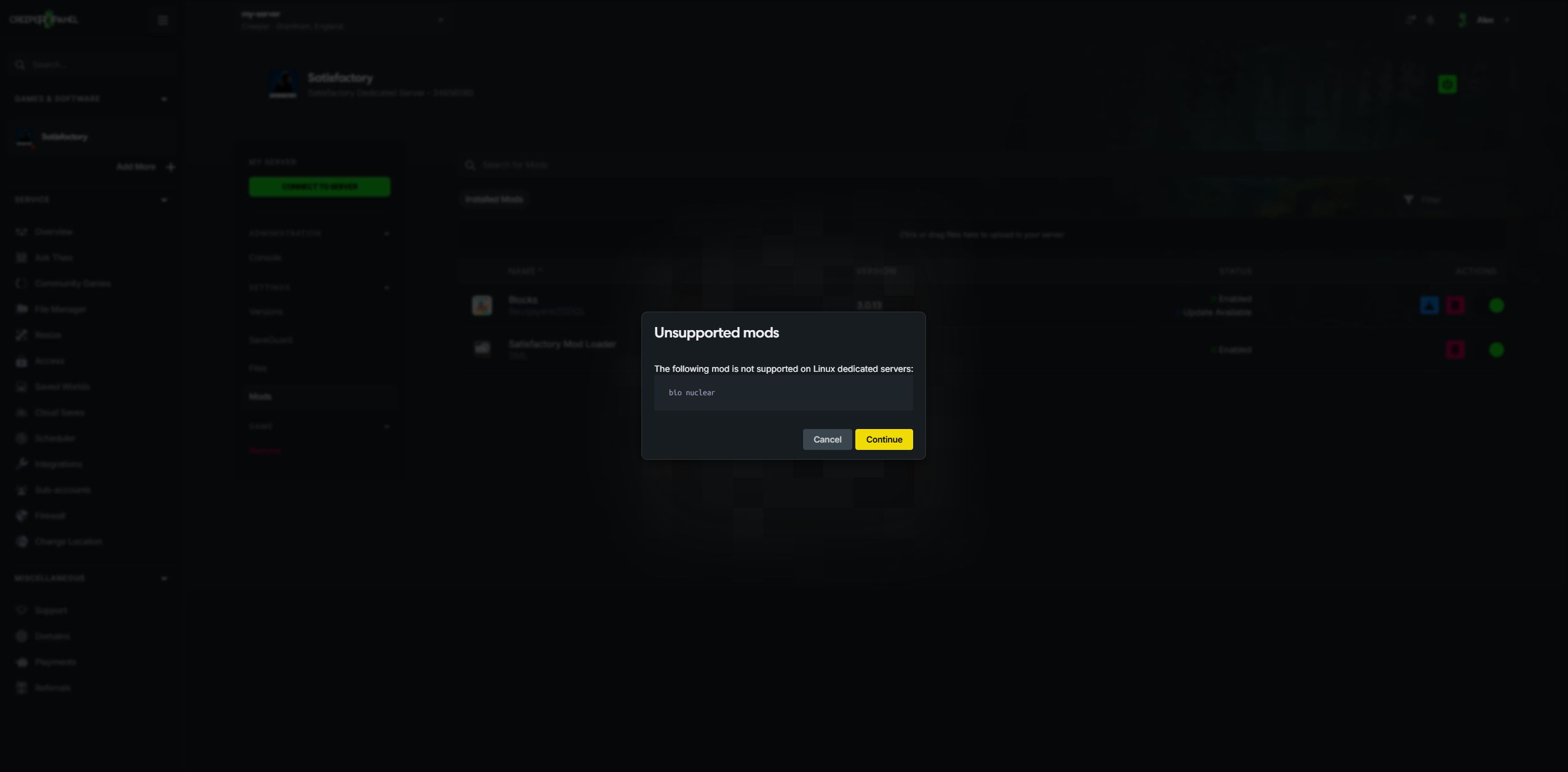 Review unsupported mods before continuing