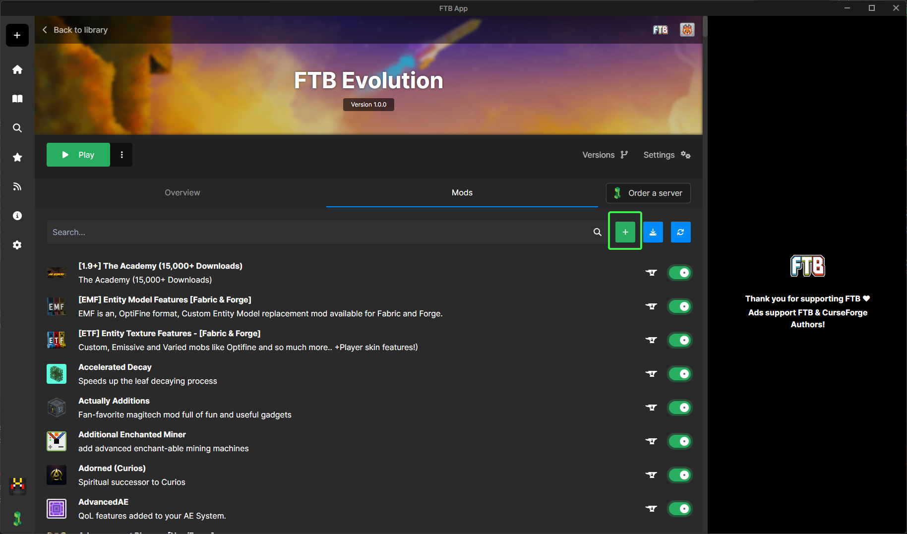 FTB App mods screen