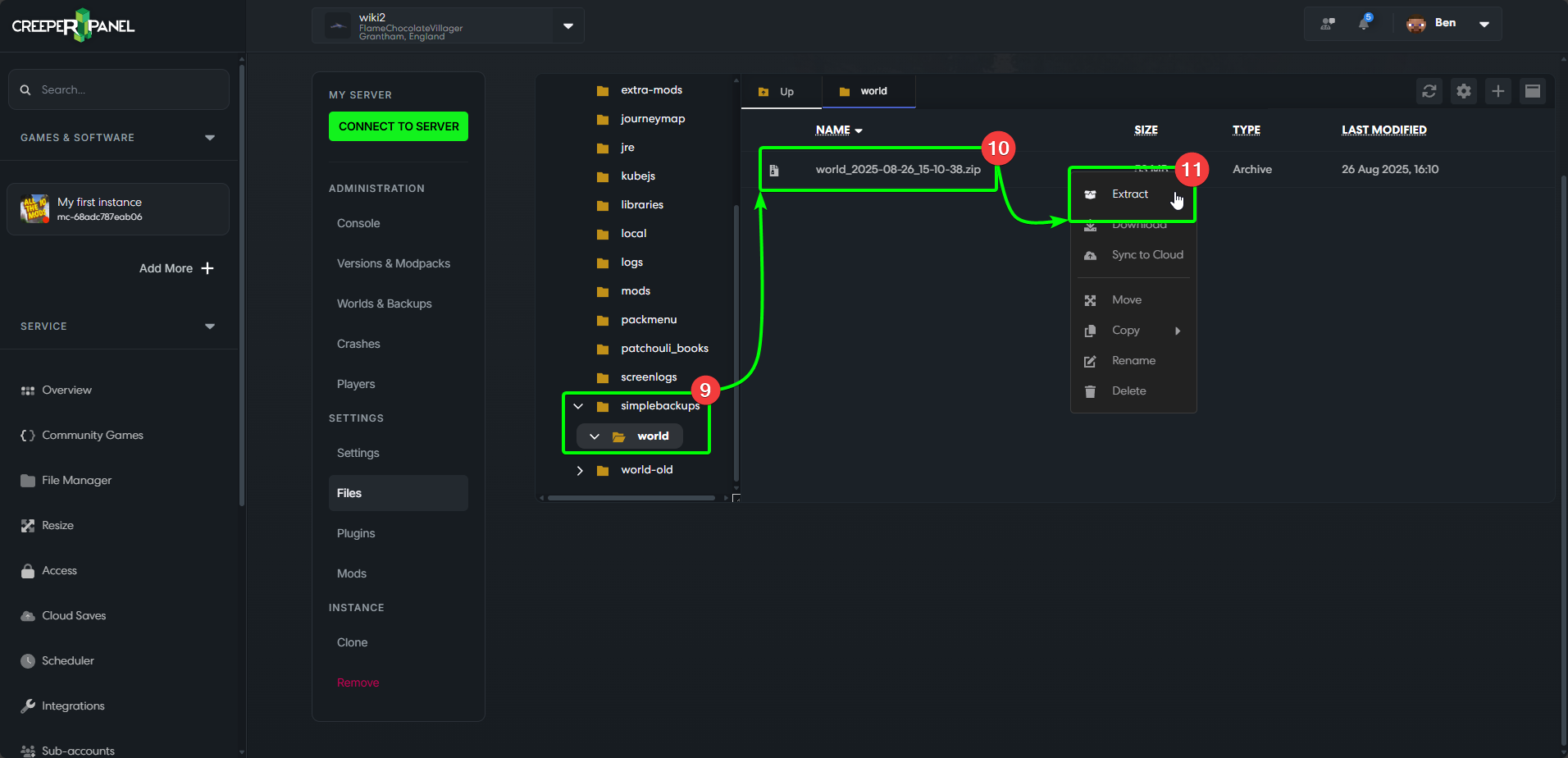CreeperPanel MCJava ManualRestoreBackups