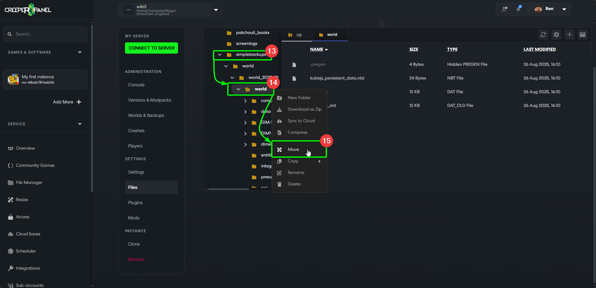 CreeperPanel MCJava ManualRestoreBackups
