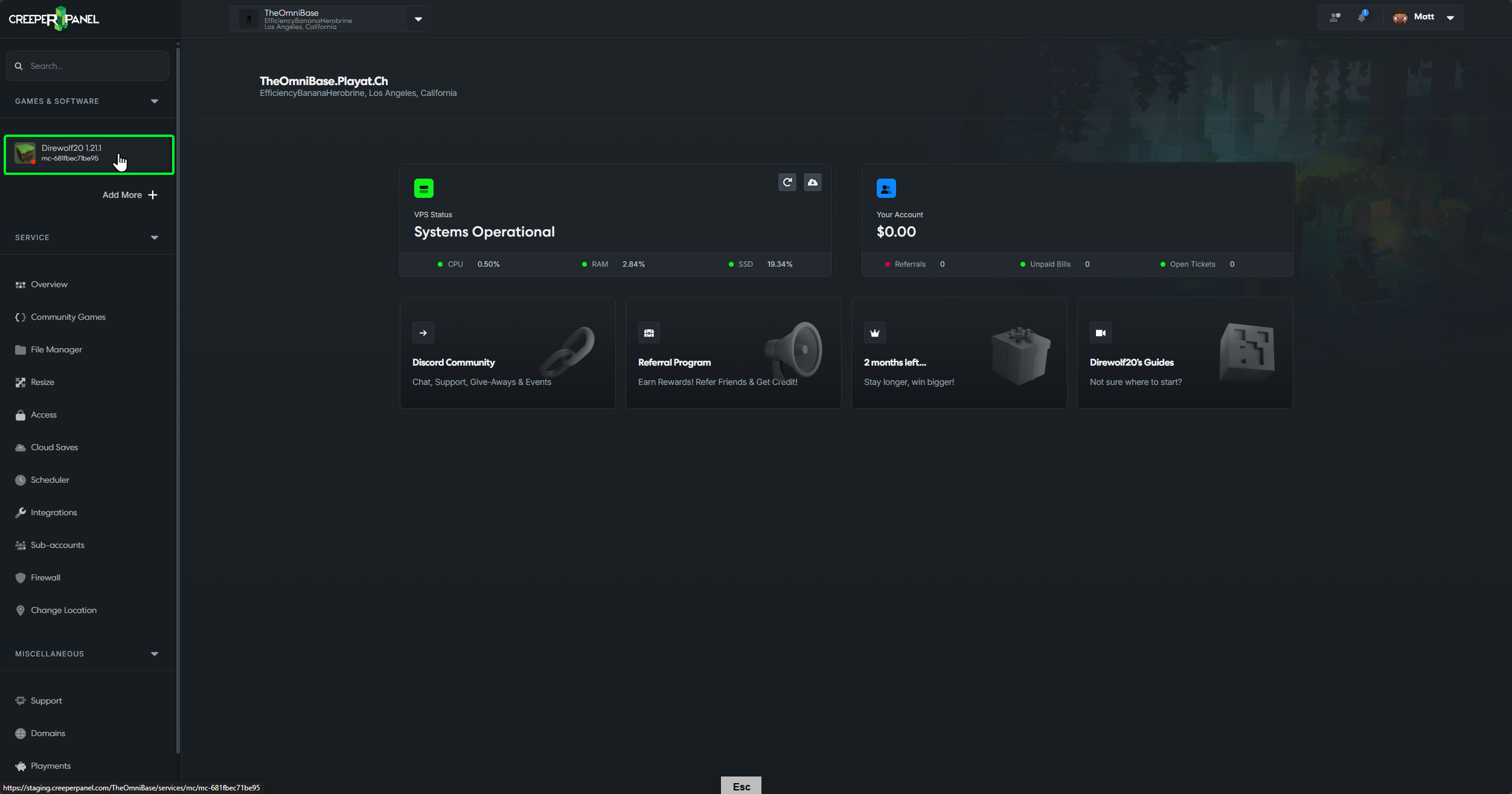 Instance management menu showing the server options