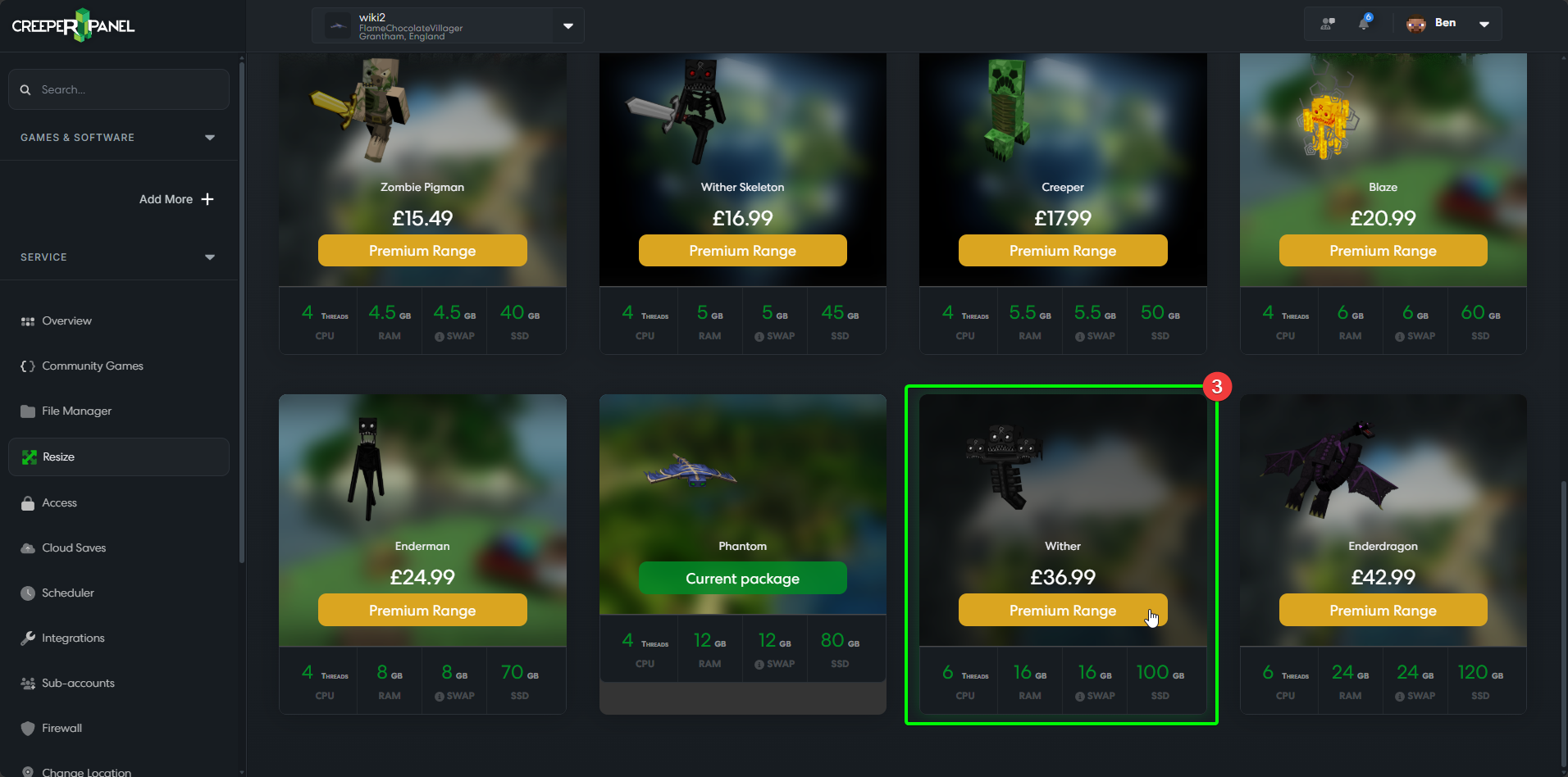 CreeperPanel Resize Service Select Package