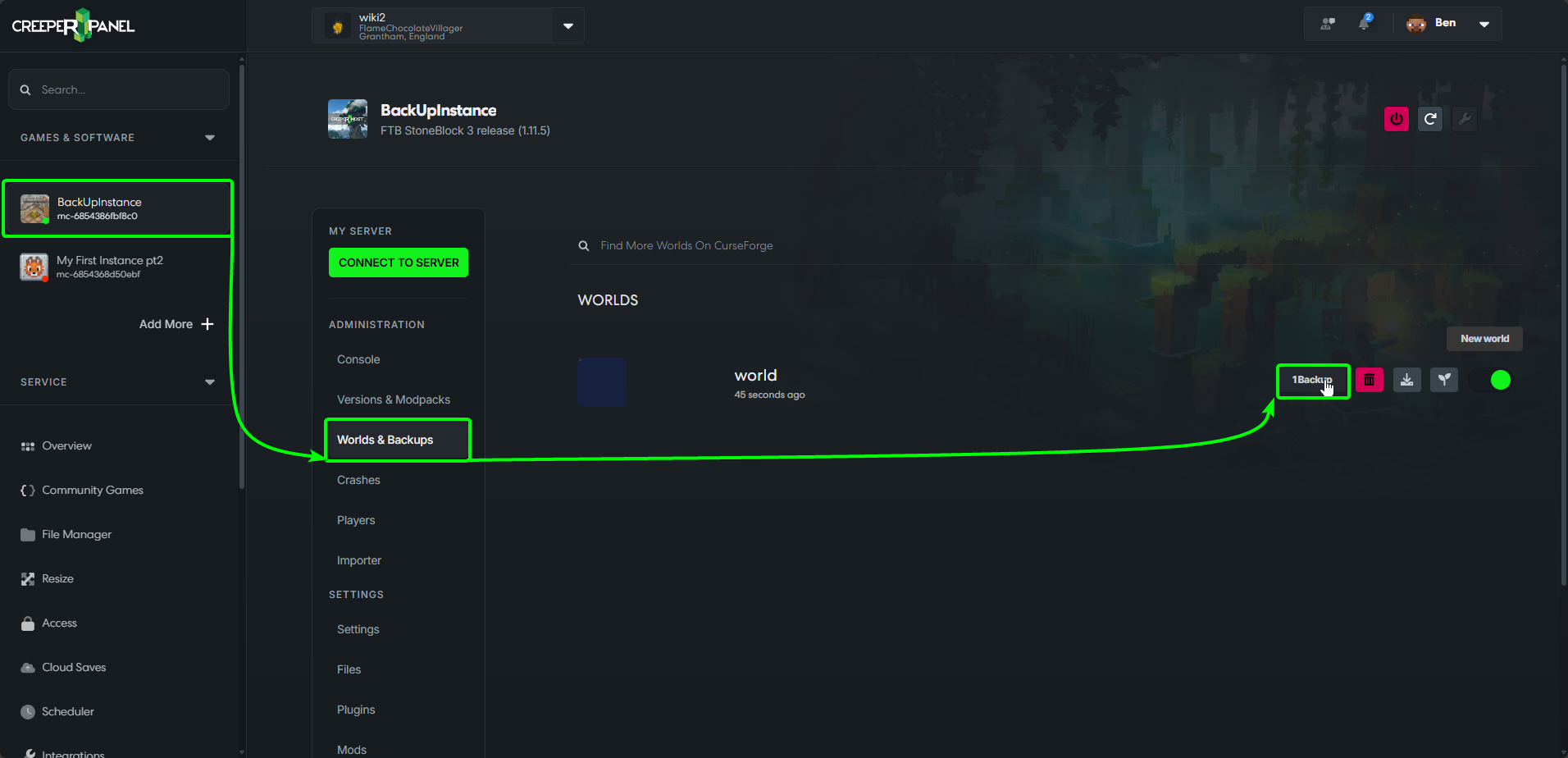 CreeperPanel MCJava RestoreBackups