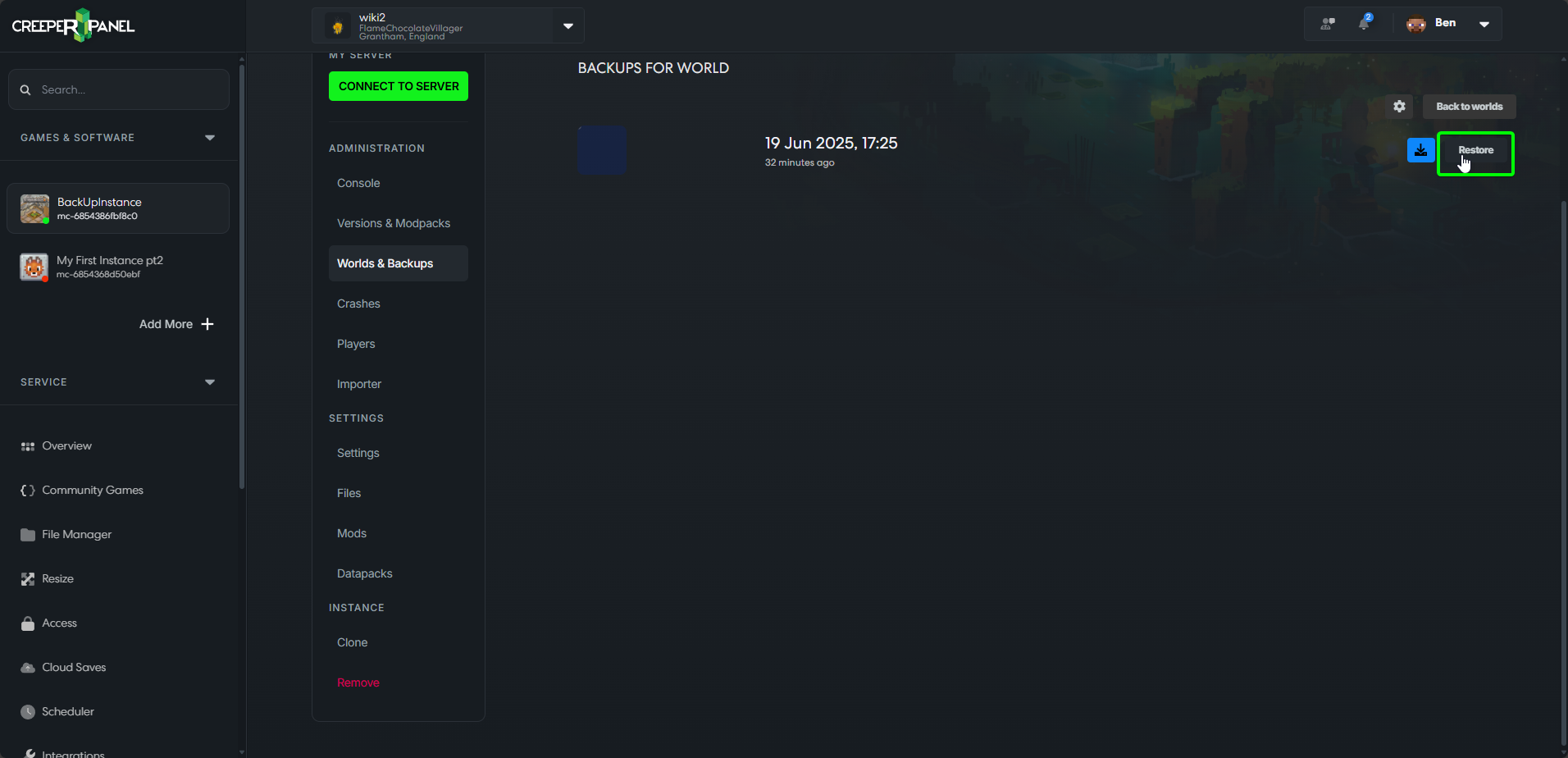CreeperPanel MCJava RestoreBackups
