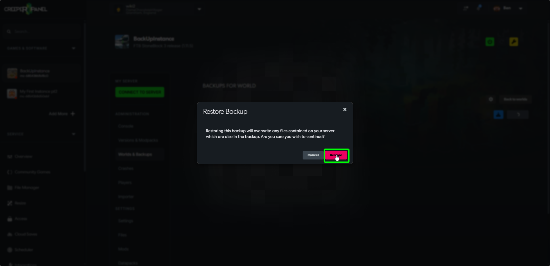 CreeperPanel MCJava RestoreBackups