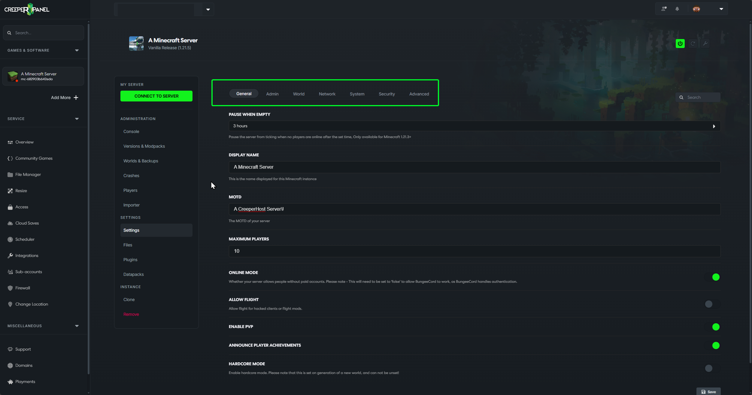Settings page showing various configuration categories