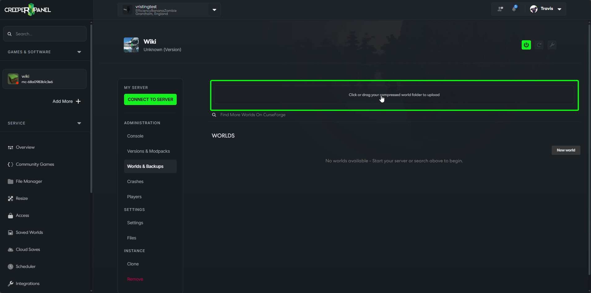 File selection dialog showing a world zip file to import